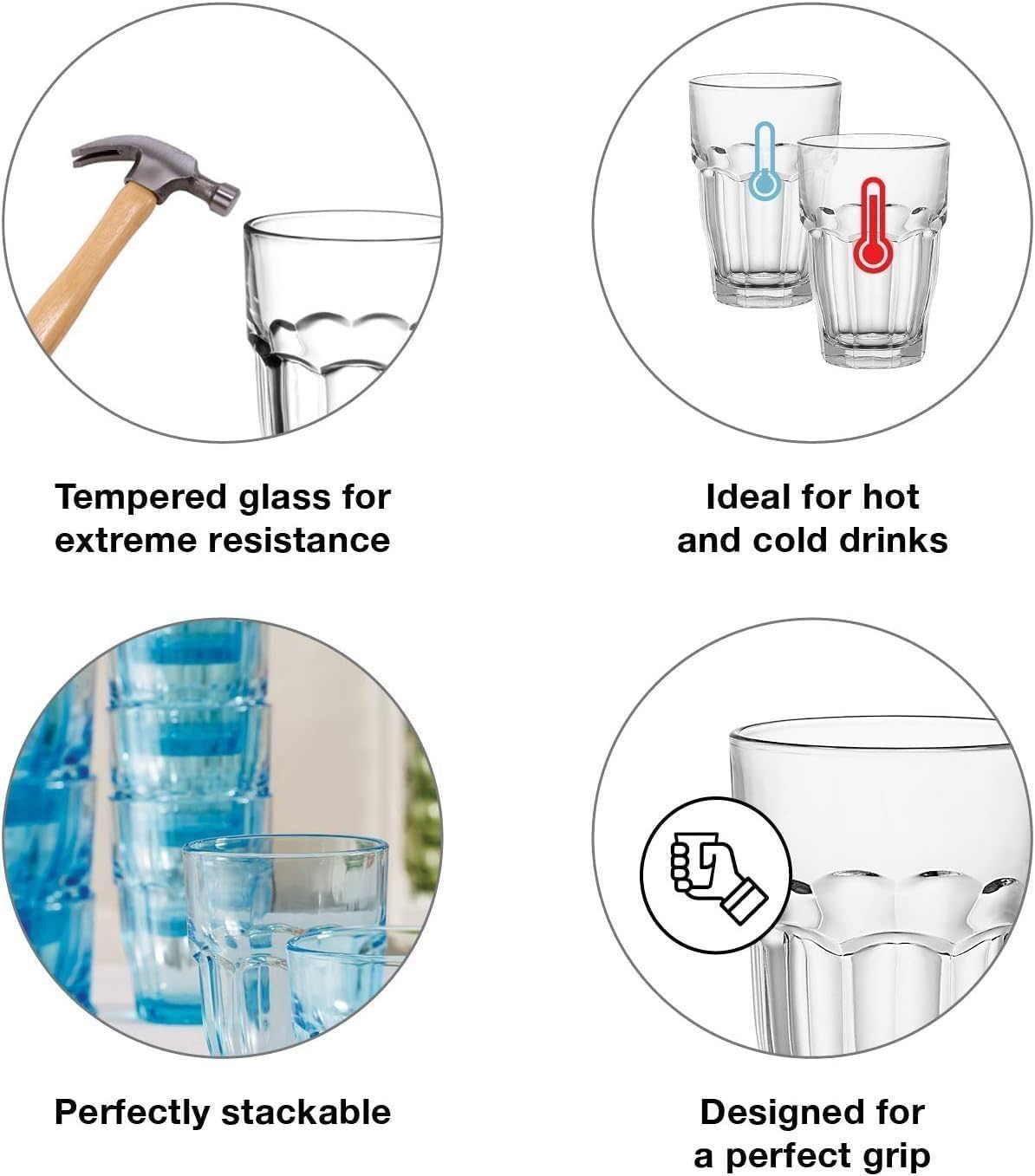 Bormioli Rocco Rock Bar 16.25 oz. Cooler Stackable Tempered Beverage Glasses for Cold Drinks, Water, and Cocktails, Set of 6, Clear