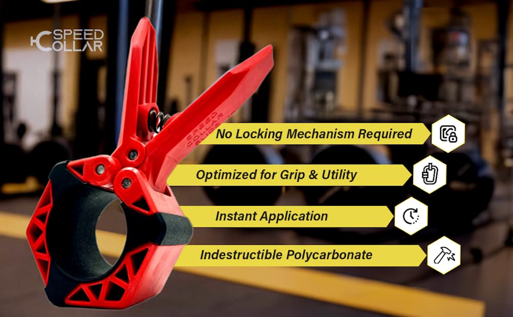 Speed Collar - Next Gen Barbell Clips for crossfitters, Max Weight Capacity, Optimized Bar Locks for Olympic & Power Lifting (Red, Set of 2 Clamps)