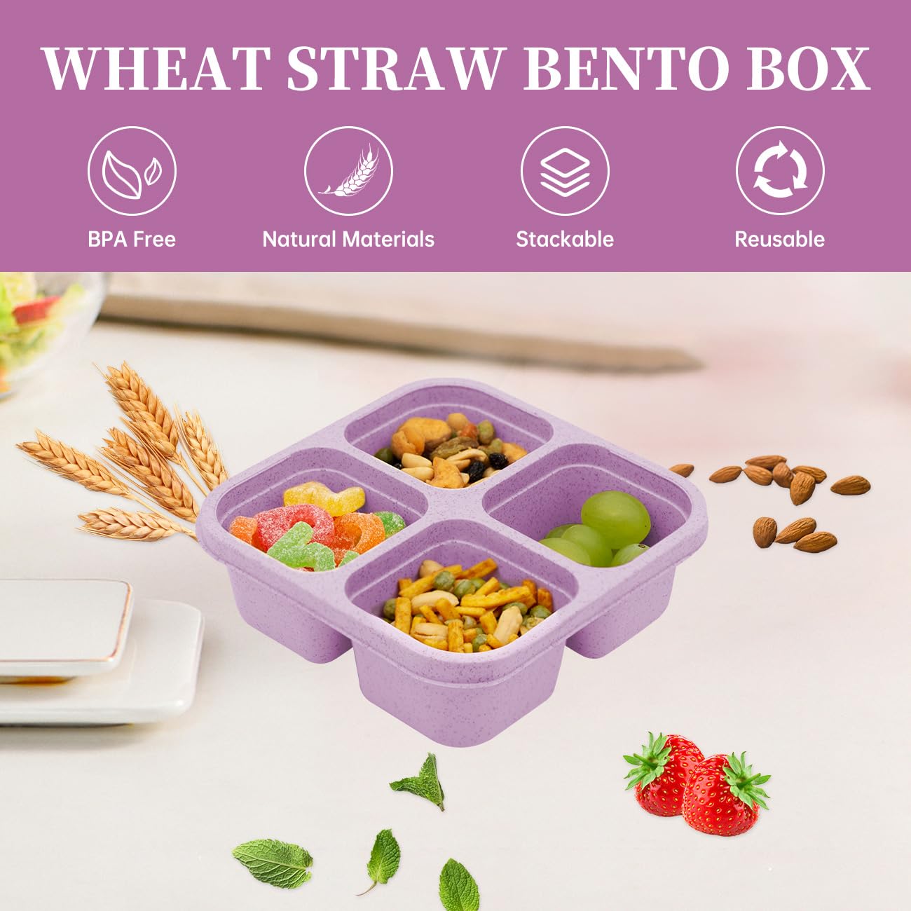 Luriseminger 5 Pack Bento Lunch Box,4 Compartment Snack Containers,Divided Snack Box,Meal Prep Lunch Containers FOR Kids/Toddle/Adults,Food Storage Containers for School, Work and Travel
