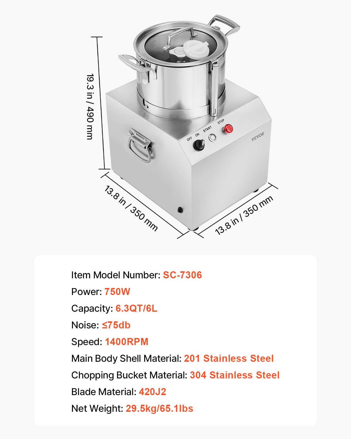 VEVOR Food Processor & Vegetable Chopper, 6.3 Quart Food-Grade Kitchen Chopper, Includes 2 Spare Stainless Steel S-Curve Blades, Commercial Food Processor for Chopping Vegetable, Fruit, Peanut & Meat