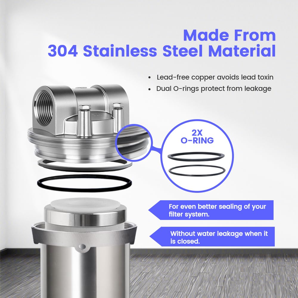 Amwater NSF/ANSI 42 Certification Stainless Steel Filter Housing for 10" Filter Cartridge, 1" NPT Water Filter Housing, Drain Valve Style C (Square Head)