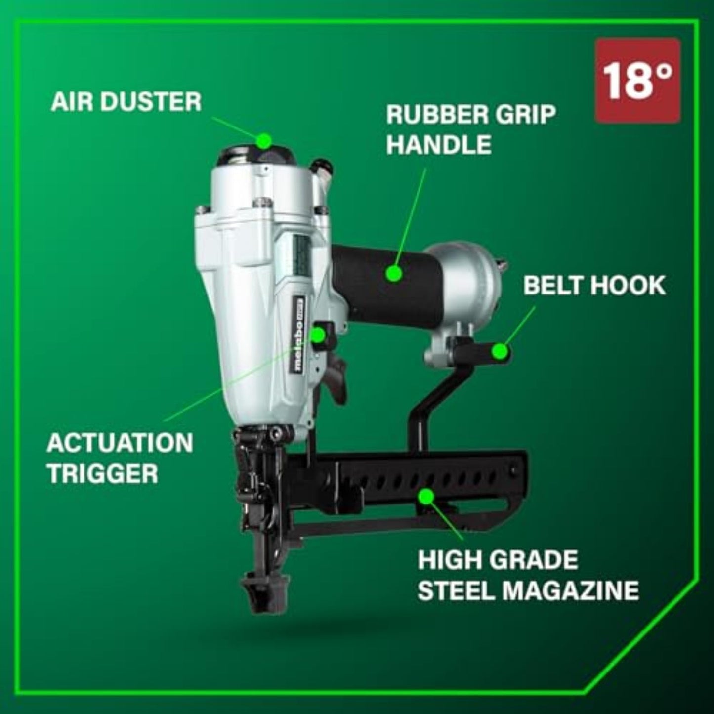 Metabo HPT PRO Finish Stapler, Pro-preferred Pneumatic Power Nailers, Finish Tool for Carpentry & Industrial Uses, All-Metal Key Component, 18 Gauge, 1/4" Crown Staples, Length 1/2" to 1-1/2", N3804A5