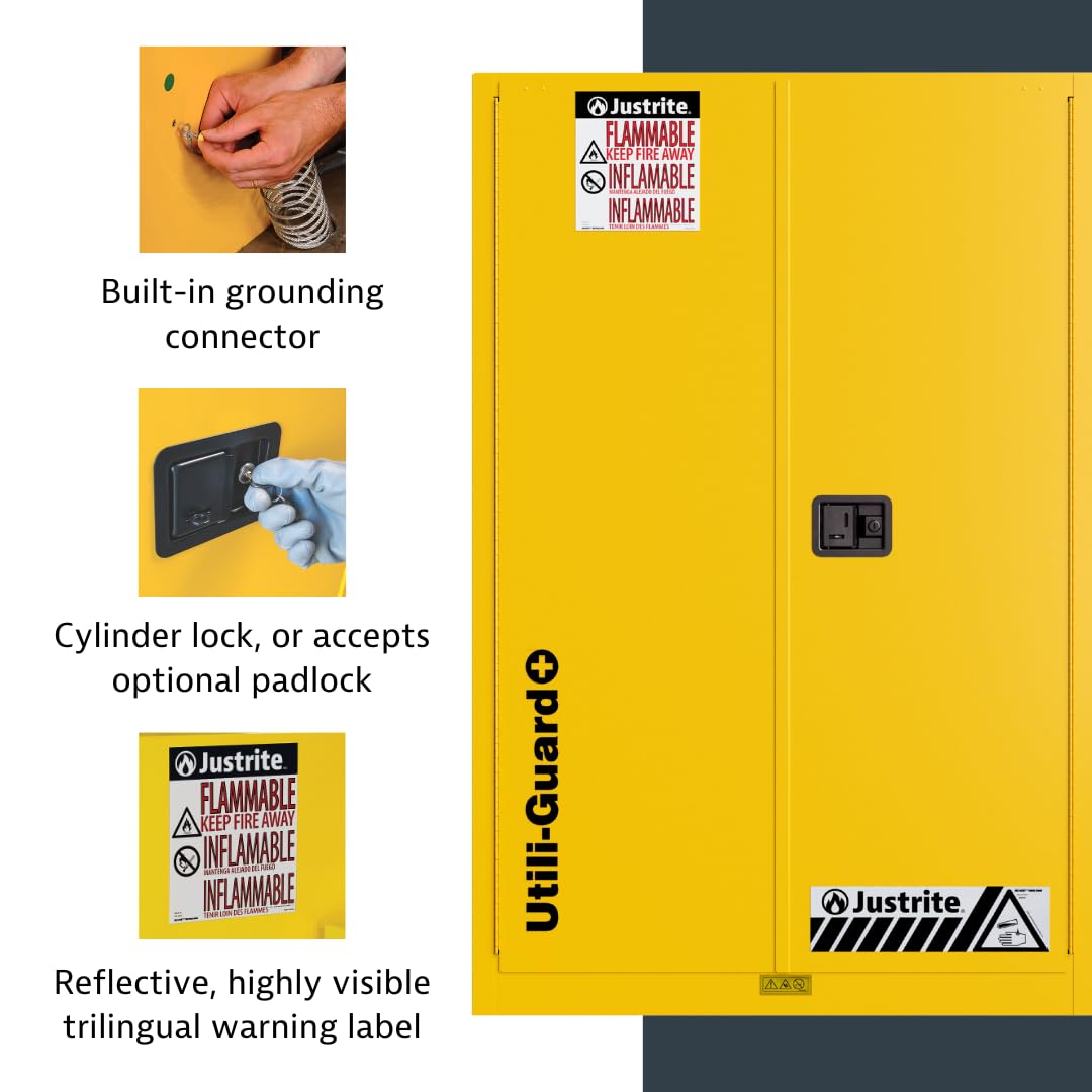 Justrite Utili-Guard 30 Gallon Self Close Flammable Storage Cabinet with 2 Shelf Accessories - 18 Gauge Steel - 2 Door Fire Cabinet - 44" x 43" x 22" - Made in The USA - Yellow - U893020