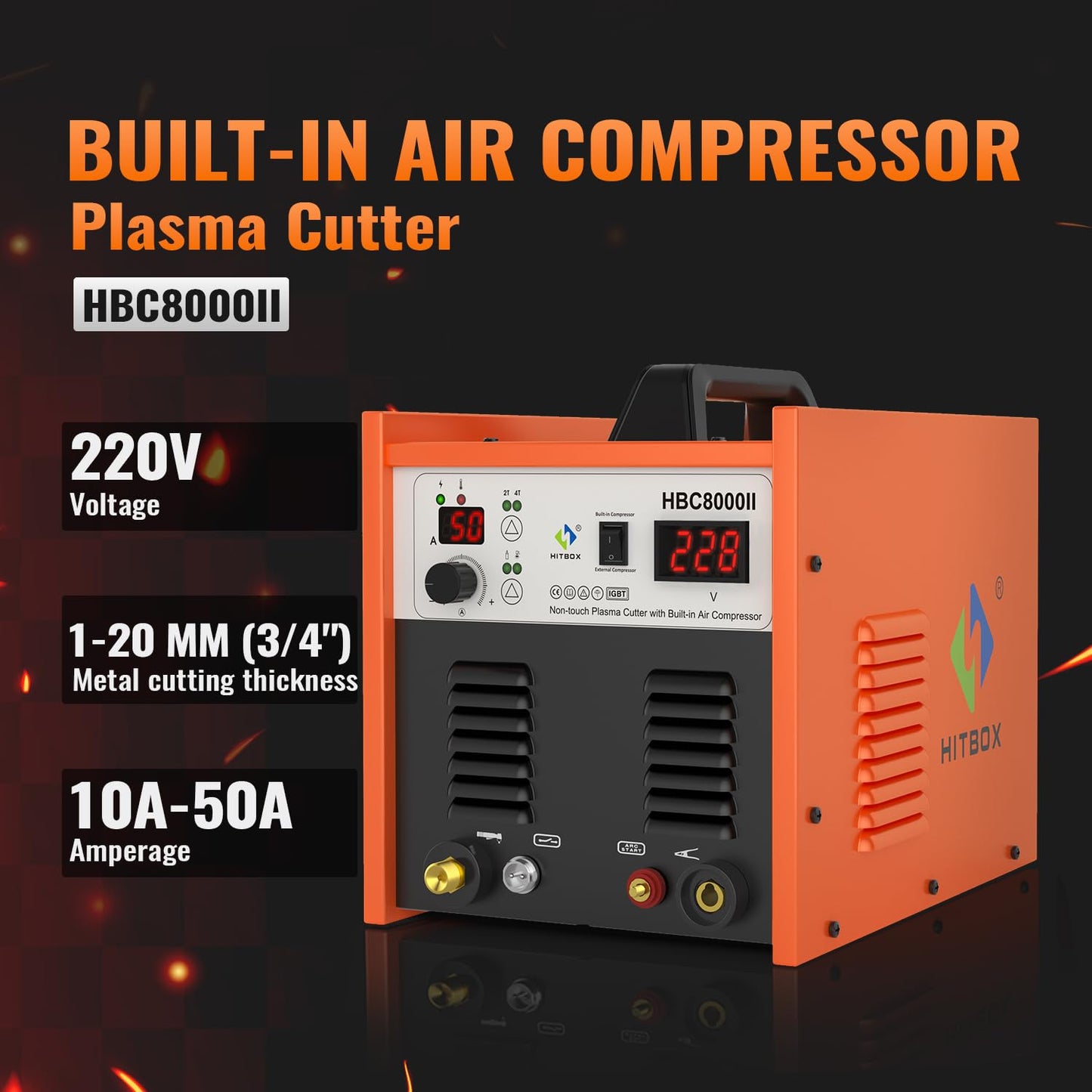HITBOX Plasma Cutter with Built-In Air Compressor, Non-Touch Pilot Arc 50 Amp 220V Digital Inverter IGBT Clean Cut Plasma Cutting Machine