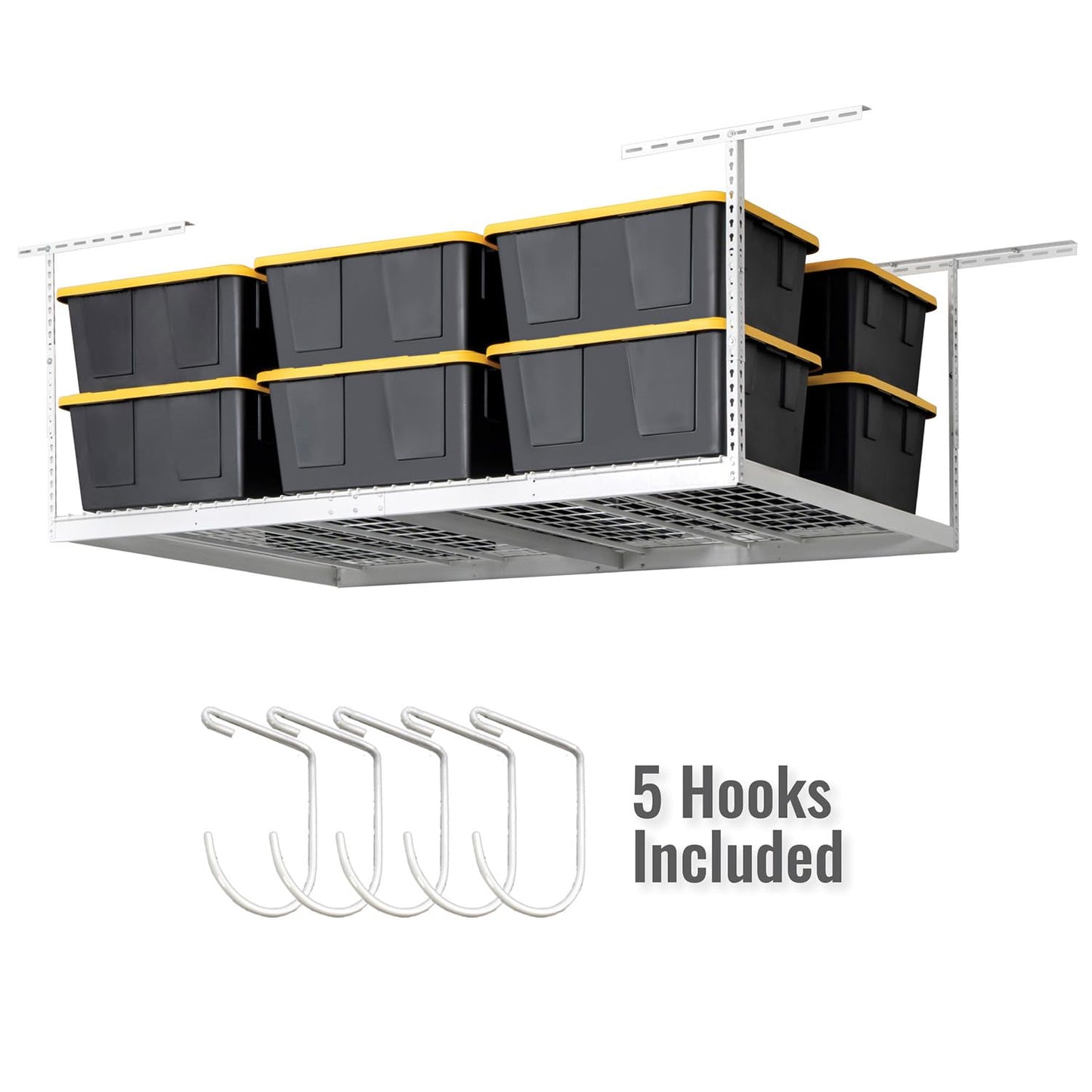 SafeRacks 4 ft x 8 ft Overhead Storage Rack Adjustable 24 in - 45in Height (White) With Accessory Pack With 5-Piece Hook Accessory Pack
