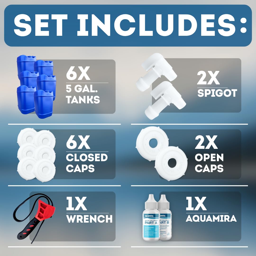 Aguaprep 5-Gallon Stackable Water Storage Containers, Water Treatment, 8 Lids + 2 Spigots, Easy Fill, Survial Supply Emergency Water Storage for Disaster Preparedness, 30 Gallon (6 Tank)