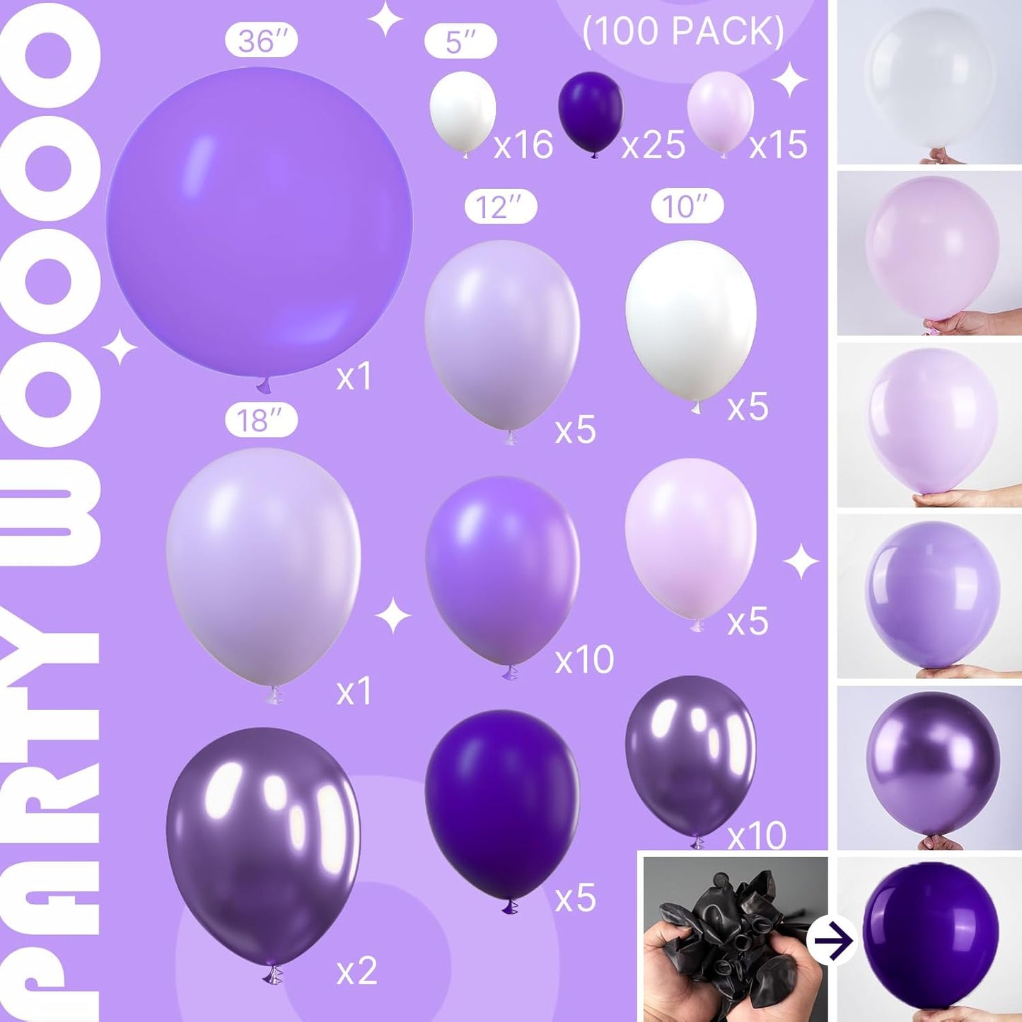 PartyWoo Purple Balloon Garland - 100-Piece Set of Shades of Purple Balloons | Various Sizes for Party Decorations