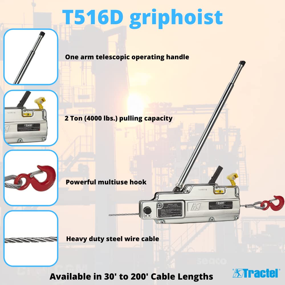 Tractel griphoist - Wire Rope Hoist | 2 Ton - 4000 lbs Weight Capacity | Manual Lever Wire Puller | Portable Design & Industrial Strength | T516D Model with 60 ft Cable Length