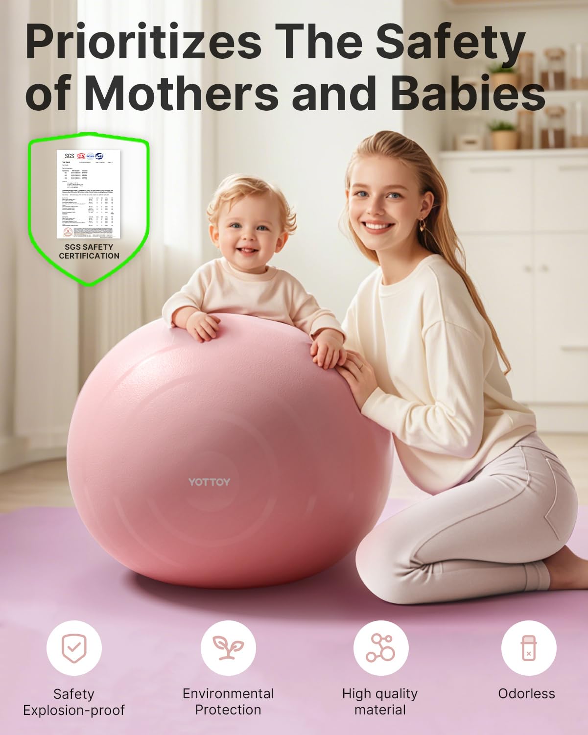 YOTTOY Exercise Ball for Pregnancy,Anti-Burst Yoga Ball for Physical Therapy,Stability Ball for Ball Chair Fitness with Pump (Pink)