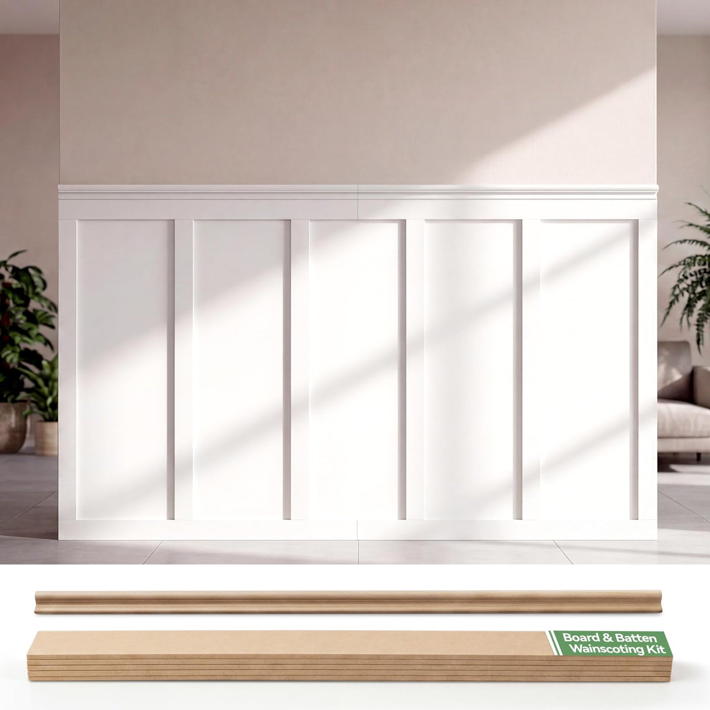 Maasechs 24 Pcs Mdf Board and Batten Wall Panel Kits, 160'' L x 47'' W Premade Wainscoting Panels Decorative Wall Molding Trim Slats Paintable Accent Kit for DIY Kitchen Home Bedroom Living Room Decor