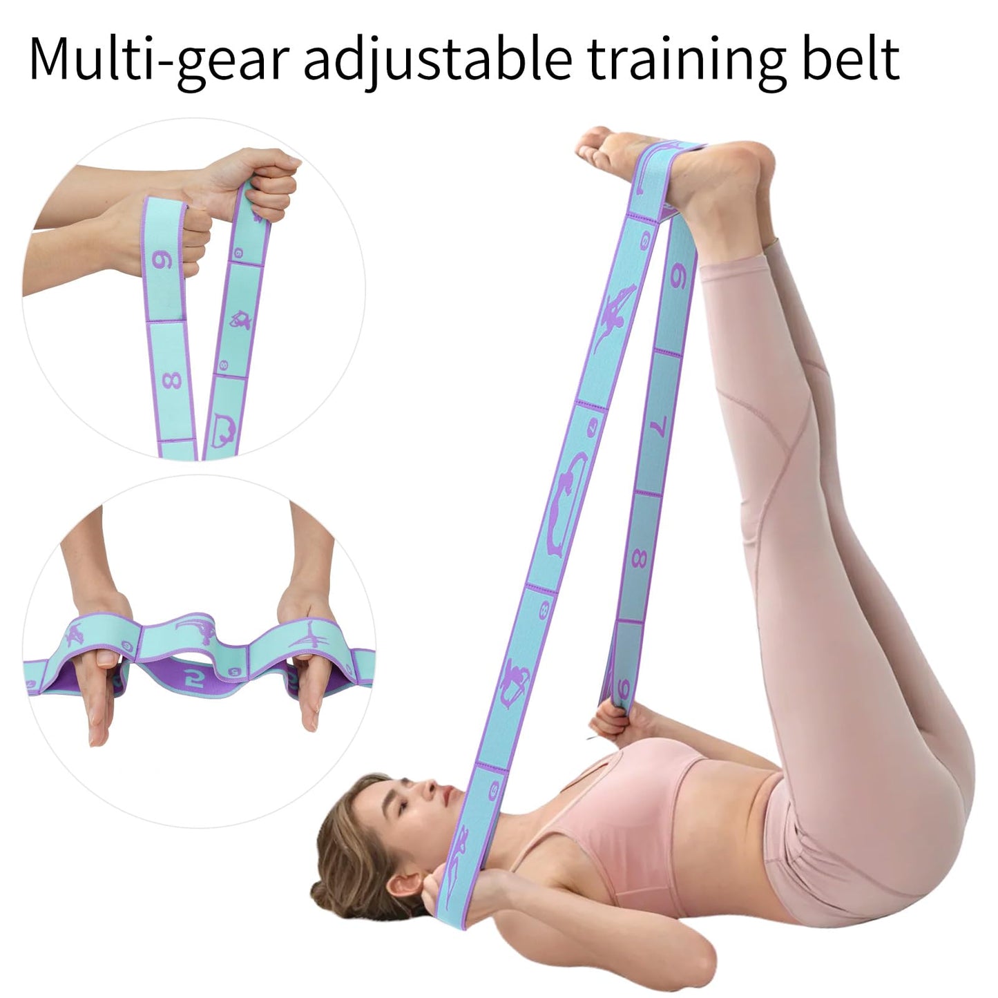Yoga Strap with 9 Loops, Elastic Stretching Band for Pilates, Dance, Ballet & Flexibility Training, Pose Guide Pattern for Beginners, Adjustable Stretch Strap for Hamstring, Leg & Back Stretch (Blue)