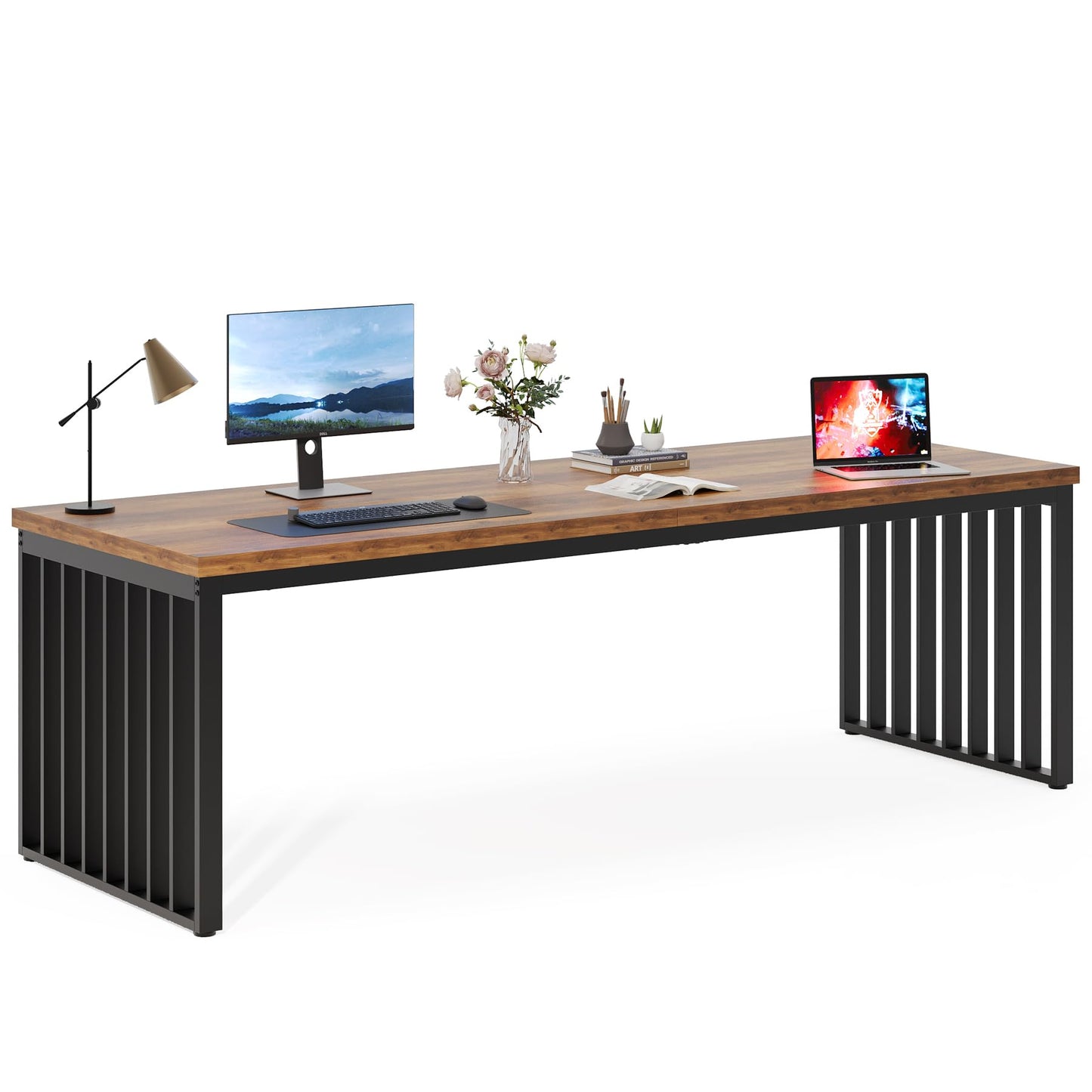 Tribesigns 78.74" Extra Long Computer Desk for 2 Person, Double Long Desk with Heavy Duty Metal Frame, Double Workstation Study Table for Home Office (Without Chair) (Brown & Black)