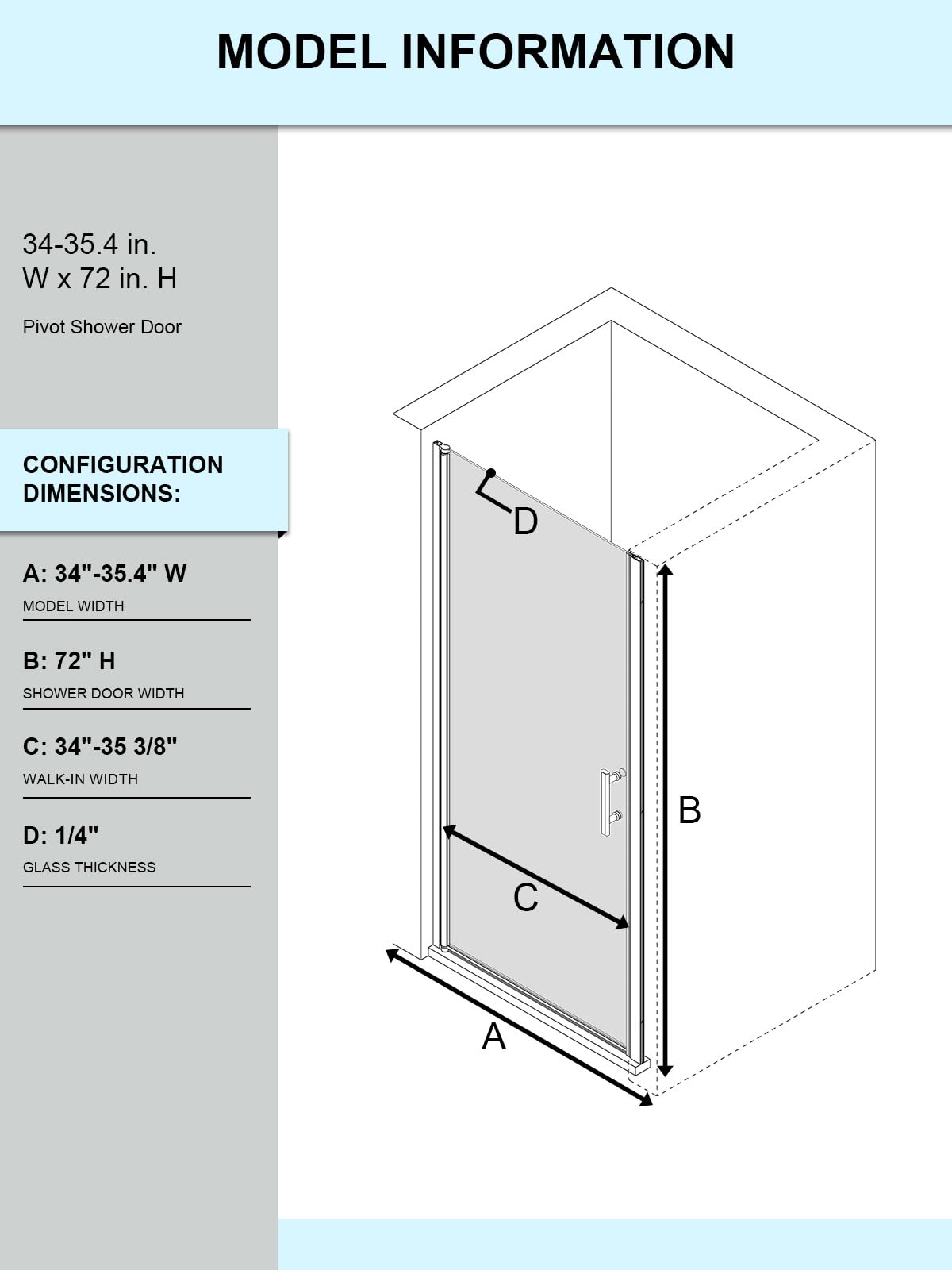 Frameless Pivot Shower Door, 34-35.4" W x 72" Single Panle Shower Doors, 1/4" (6mm) Thick Tempered Clear Glass with Explosion-Proof Film & Nano Coating Shower Doors for Walk in Shower (Matte Black)