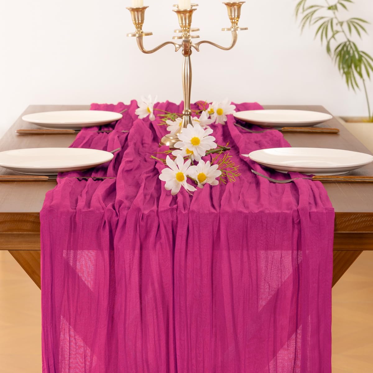 Socomi Cheesecloth Table Runner - 6pcs Hot Pink Fuchsia Gauze for Weddings & Events | 120 Inch (10FT)