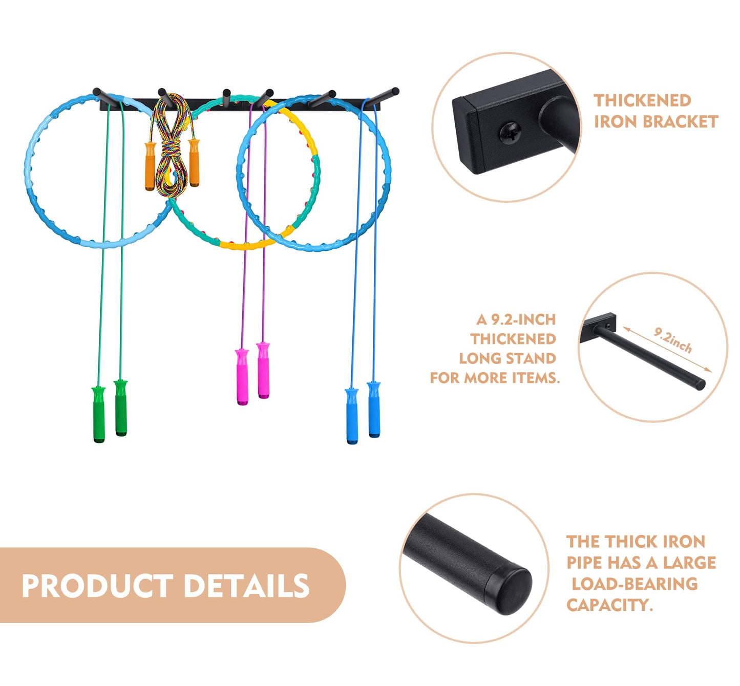 YOVXKAN Wall Mounted Jump Rope Rack - 6 Peg Heavy-Duty Metal Gym Organizer for Resistance Bands, Hoops, and Ropes - Black Finish - Home/Gym Storage