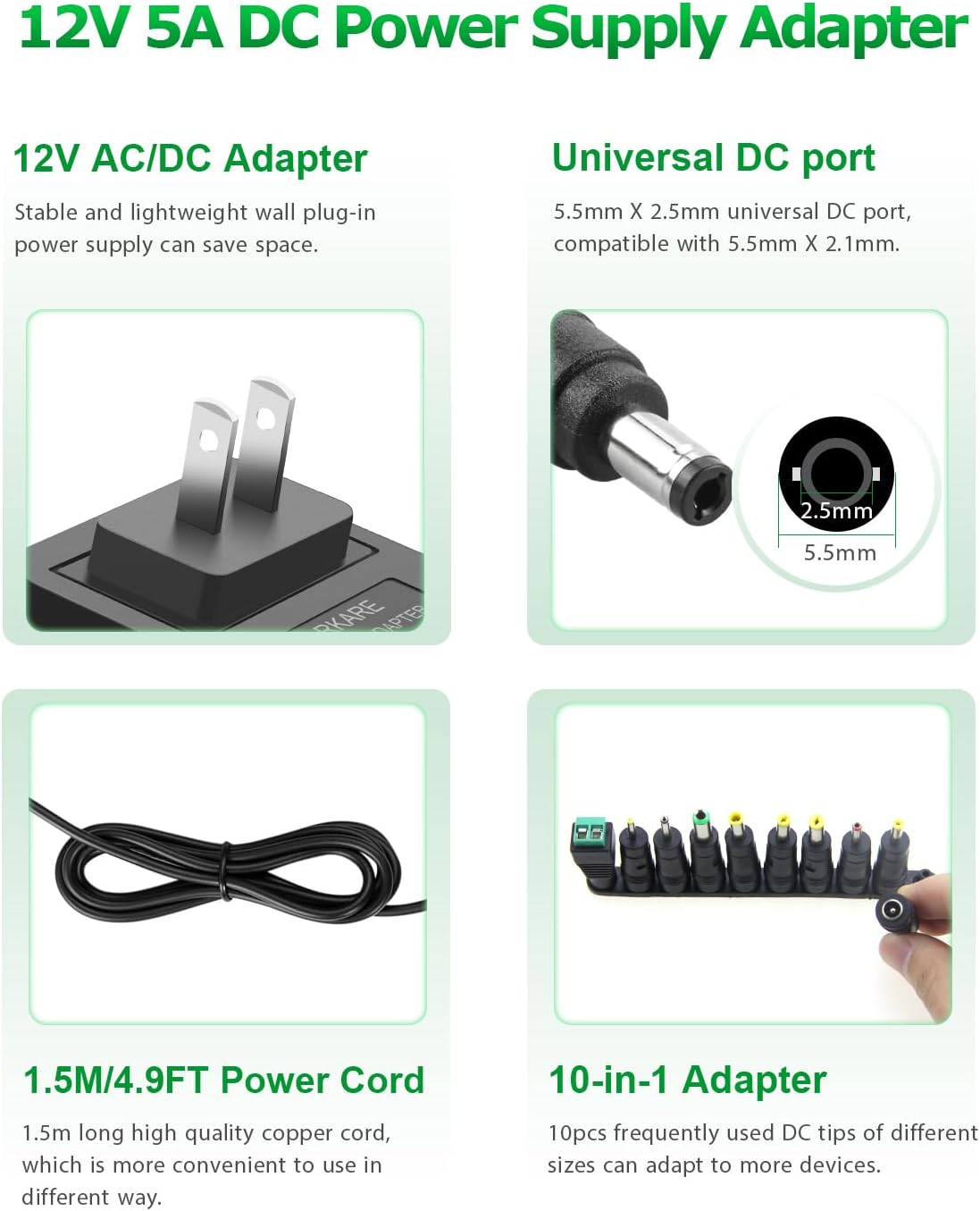 Arkare 12V 5A 60W 100-240V 12V 5Amp 4A 3A 2A 1A 5.5x2.5mm 3D 10TIPS 4.9FT Power Supply Adapter AC to DC Power Cord