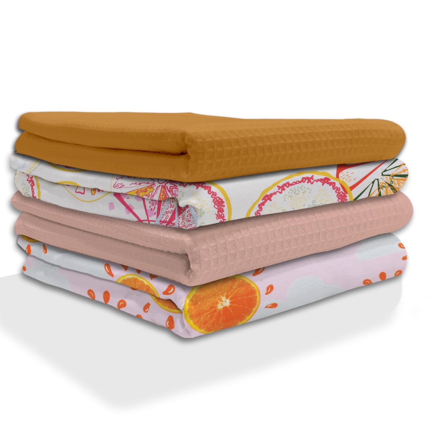 IXORA DECOR 100% Cotton Kitchen Towels Set of 4 | 2 Solid Dyed Waffle Weave Dishcloths & Citrus Digital Kitchen & Table Linen Cloth | Super Absorbent Napkins | 50 x 70 Inches - Pastels