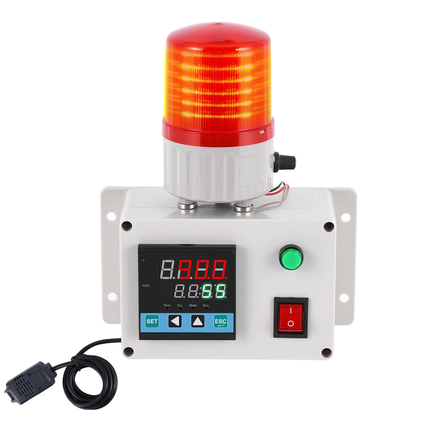 JIAWANSHUN Industrial Temperature Humidity Alarm, -40-185°F 0-100%RH Digital Thermometer Hygrometer, Independent Alarm Sound Light Alert Calibration for Greenhouse, Pet House, Chicken 110V