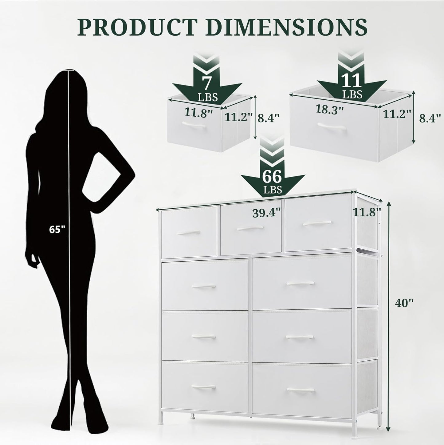 Regine Switzerland 9-Drawer Dresser - Anti-Tip Tall Storage Organizer with Wooden Top & Metal Frame | White