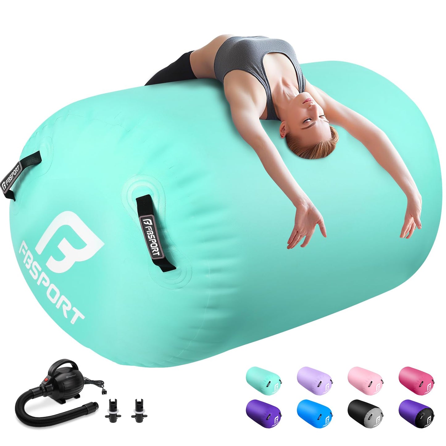 FBSPORT Air Roller Gymnastics Barrel, Inflatable Gymnastics Air Roller Inflatable Air Gymnastics Mat with Electric Pump for Yoga Cheerleading Training Home Outdoor Use (47x30inch Green)