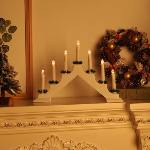 Lewondr Christmas Swedish Candelabra, Electric Candles with 7 Flameless Taper Candles, USB Powered Wooden Candle Bridge Light with Pine Needles, Decorative Xmas Candle Lights for Windows Wedding,White
