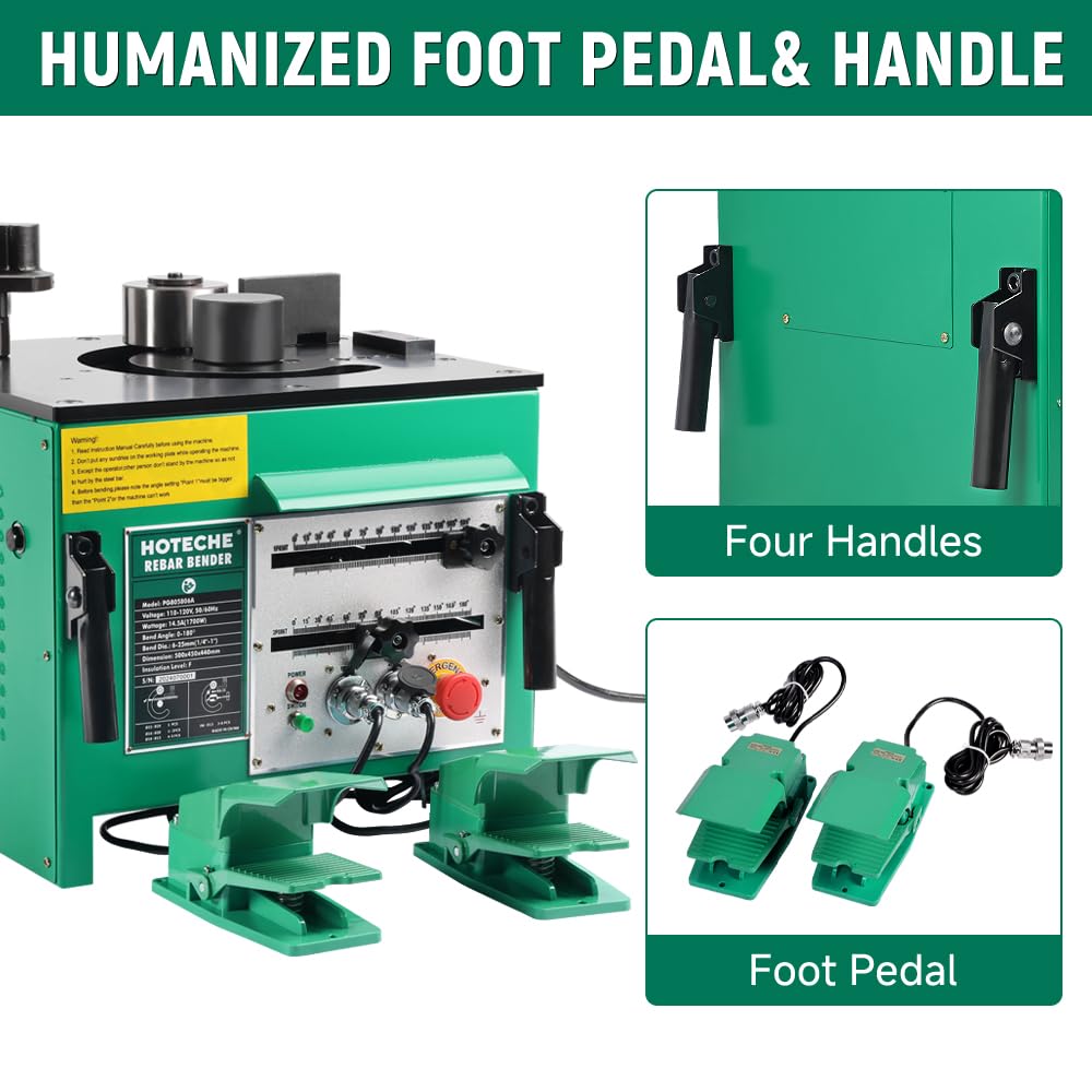 Hoteche 1700W Electric Hydraulic Rebar Bender - Professional 1-Inch Capacity Steel Bar Bending Machine, 0-180° Adjustable Angle, 4.5 Second Bend Speed for #3-#8 Rebar (6mm-25mm) with Foot Pedal
