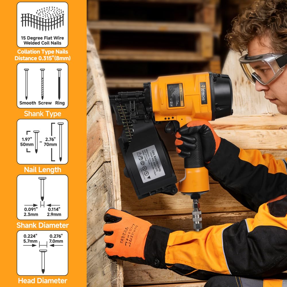 Hoteche Pneumatic Coil Nail Gun, 50-70mm Nail Length, 300pcs Capacity, 5-8bar Pressure, with European/American/Japanese Inserts, Color Box