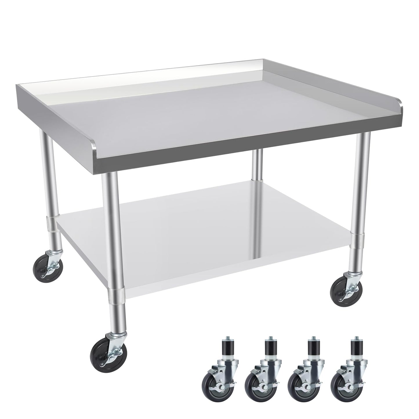 KUGEIGO Commercial-Grade Stainless Steel Workstation Table with Under Shelf & Lockable Casters (30"x36"x26")