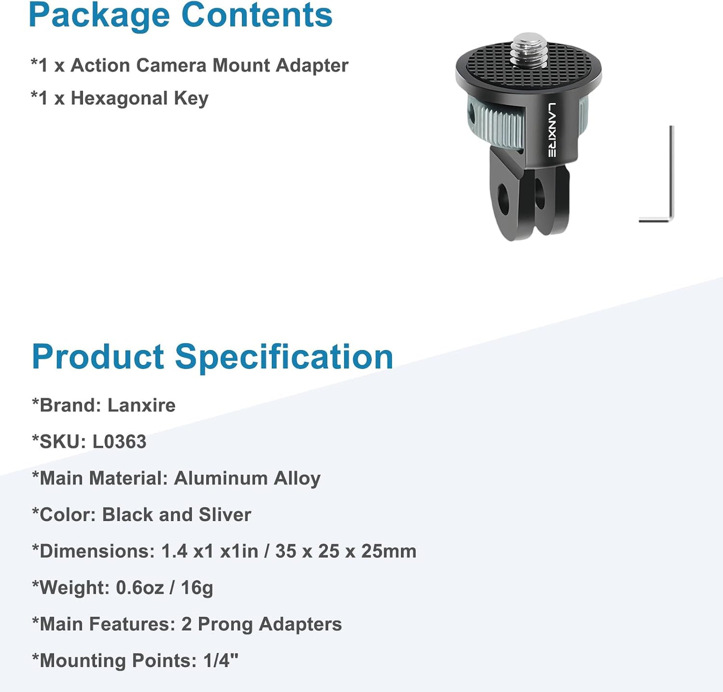 LANXIRE 1/4" 13/12, Insta360 X4/X3, 3, Laxnire Action Camera Mount Adapter with Screw, Aluminum Alloy Camera Tripod