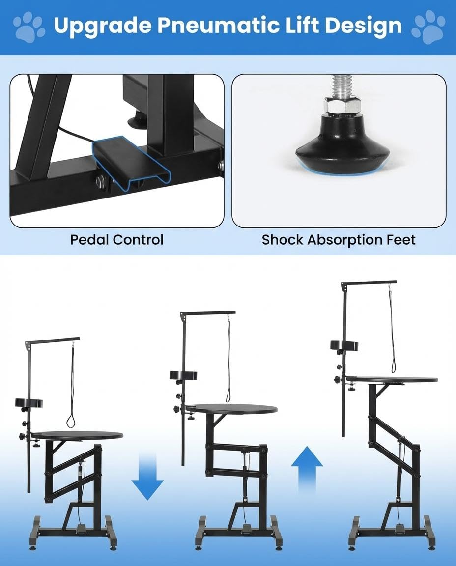 24" Hydraulic Lift Dog Grooming Table – Adjustable Height, 250LB Capacity, Non-Slip Silicone Top, Foldable for Home & Salon Use