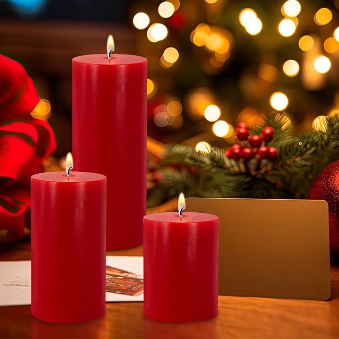 Red Pillar Candles Set of 3 - Dripless Unscented - 3x4, 3x6 & 3x8 inches Decorative Candles for Home Decor & Table Centerpieces