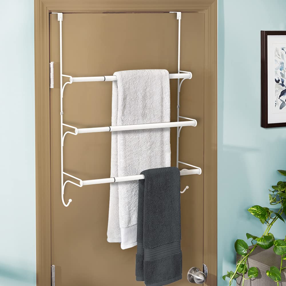 AULEDIO Adjustable Over The Door Triple Towel Rack with Hooks,White