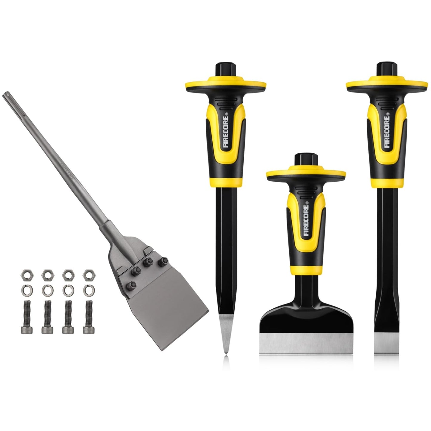 SDS Max Floor Scraper, Firecore 6 Inch SDS Max Thinset Removal Chisel Bits Scaling Chisel Tool, Rock Chisel Set 3PCS Masonry Chisel with Hand Guard Point Flat Cold Chisel for Concrete Stone Brick Tile