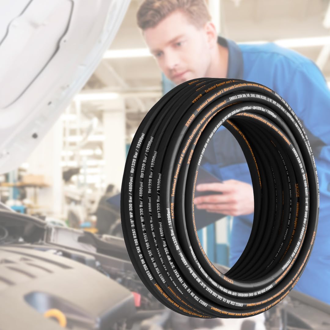 Hydraulic Hose 3/8 Inch x 100 Ft, 4800 PSI Coiled With 2 High-Tensile Steel Wire Braid, Bulk Rubber Flexible Oil Hose -20C to 140C