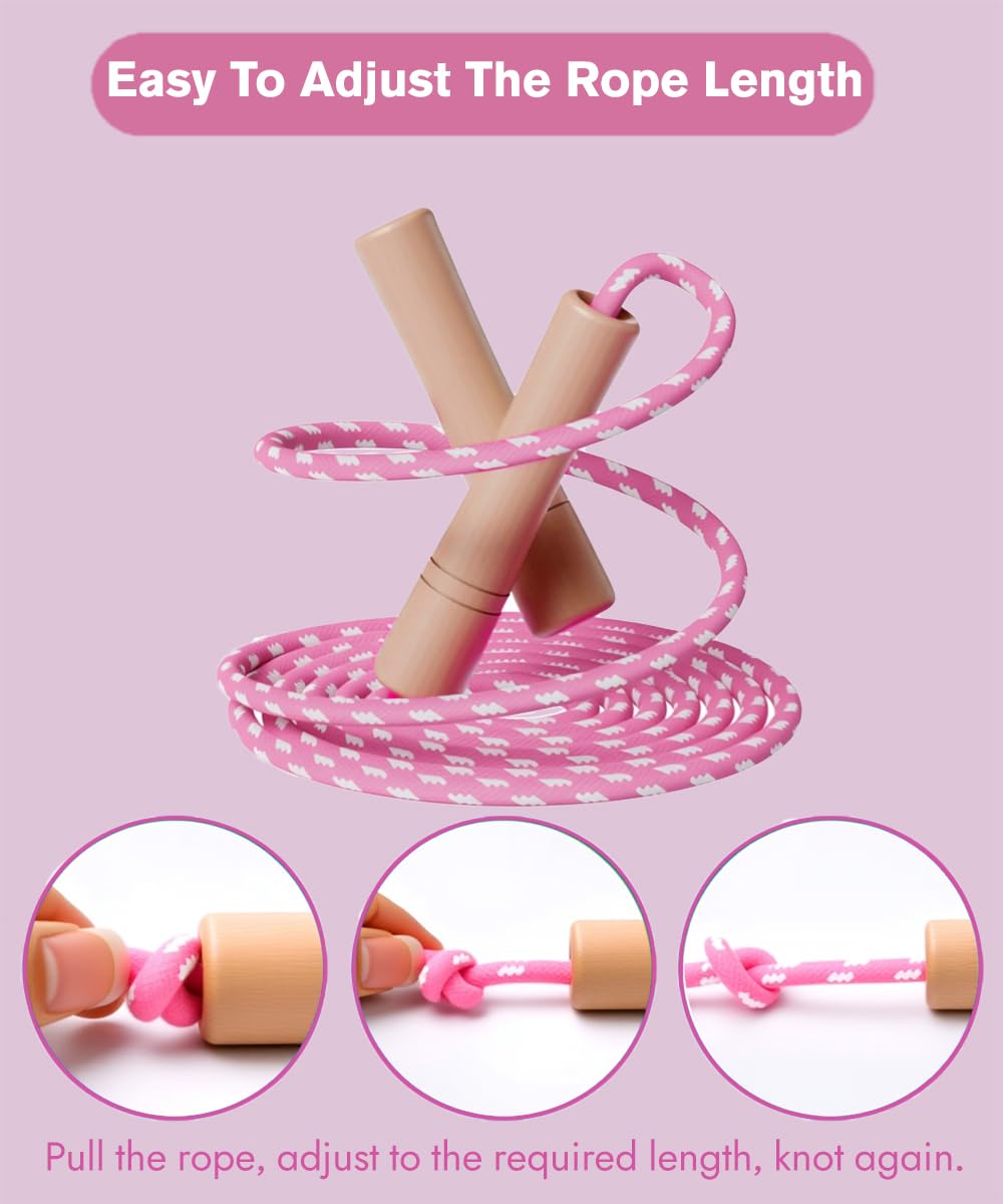 Homello Jump Rope for Kids - Wooden Handle - Adjustable Cotton Braided Fitness Skipping Rope for Toddler Fitness Workout Exercise Outdoor Activity