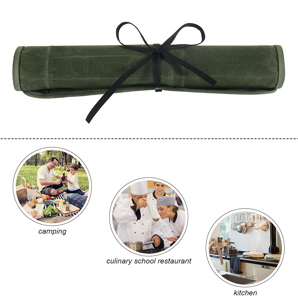 JOINDO Knife Roll Bag, Chef’s Knife Roll Bag, Heavy Duty Chef Knife Roll Bag with 6 Slots, Waxed Canvas Knife Bag Roll, Knife Pouch Holder for Home, Kitchen, Grill (green)