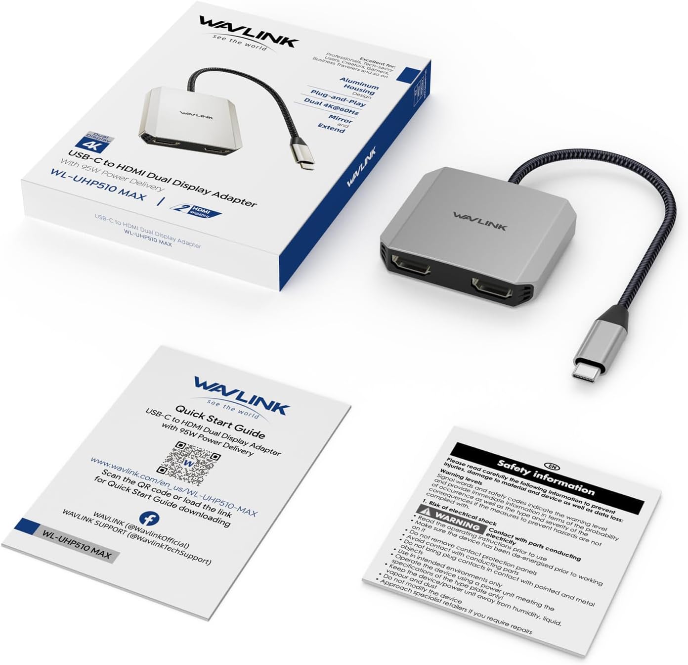 WAVLINK 4K@60Hz 95W USB C to Dual HDMI Adapter, Dual Monitor Splitter, Dual HDMI, PD, Compatible with Dell