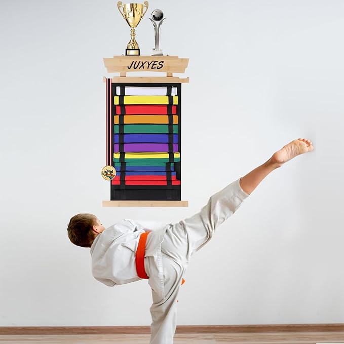 JUXYES Wall Hanging Martial Arts Belts Organizer with Trophy and Medal Display Rack, Bamboo Karate Belt Display Holder Rack, Wall Mounted Taekwondo Belt Display Holder for Martial Arts Learners