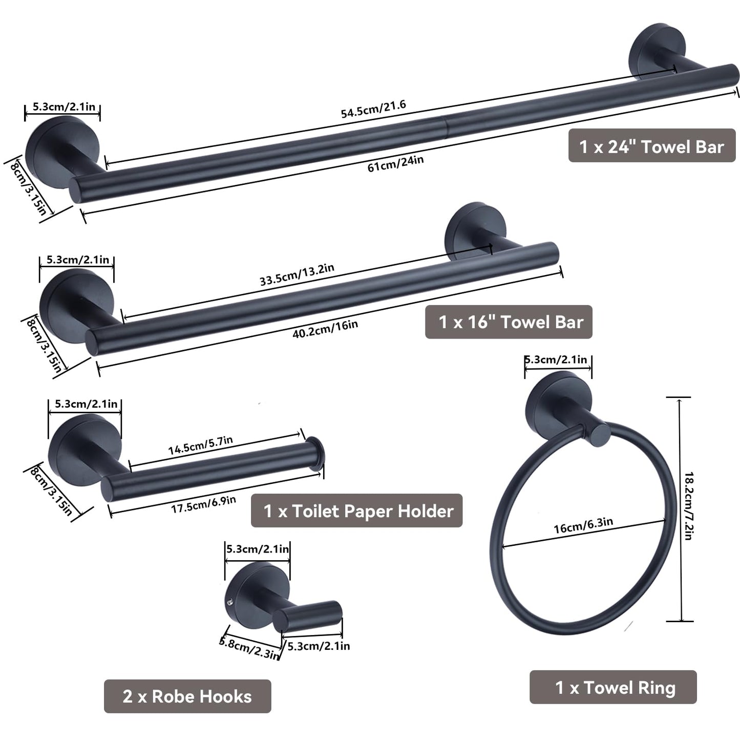 RoDzj Matte Black Bathroom Hardware Set 6-Piece, SUS304 Stainless Steel Bath Accessories Kit, Includes 24" & 16" Towel Bars, Toilet Paper Holder, Towel Ring, 2 Robe Hooks, Wall Mounted Round Style