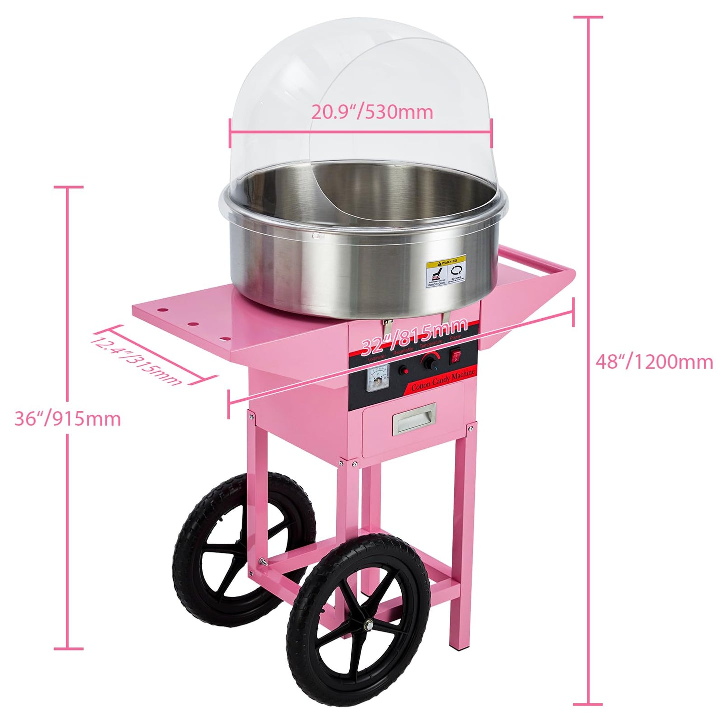 GarveeTech Commercial Cotton Candy Machine with Cart - Pink Cotton Candy Machine With Stainless Steel Bowl, Sugar Scoop, Drawer. Ideal for Family Party Fun(Without lid)
