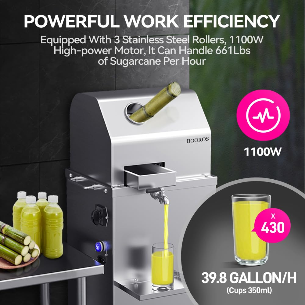 BOOROS Sugar Cane Juicer Machine 1100W Sugarcane Juicer With 3 Stainless Steel Rollers and 2.4" Extra Large Inlet, 300KG/H High Output Commercial Sugar Cane Juice Extractor,110V,Home/Commercial