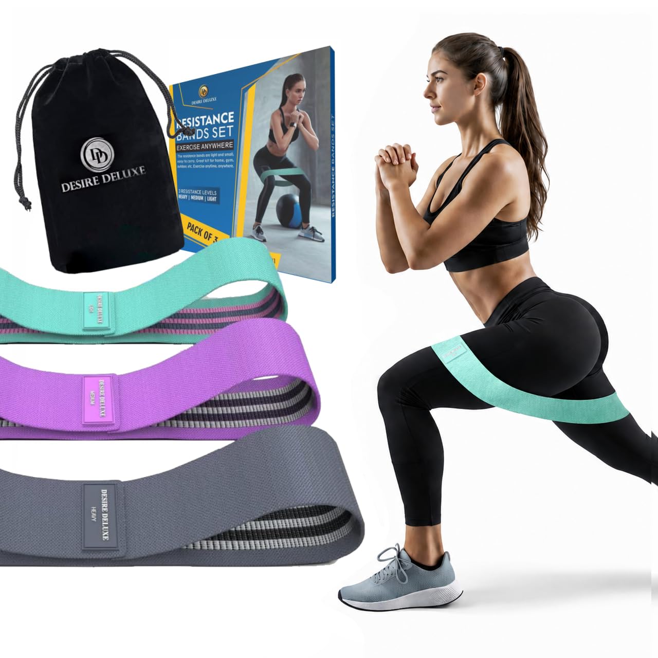 Desire Deluxe Premium Resistance Bands Set – Fabric Stretch Bands for Strength Training, Physical Therapy, Pilates & Yoga, Non-Slip Workout Bands for Men & Women (3 Pack)