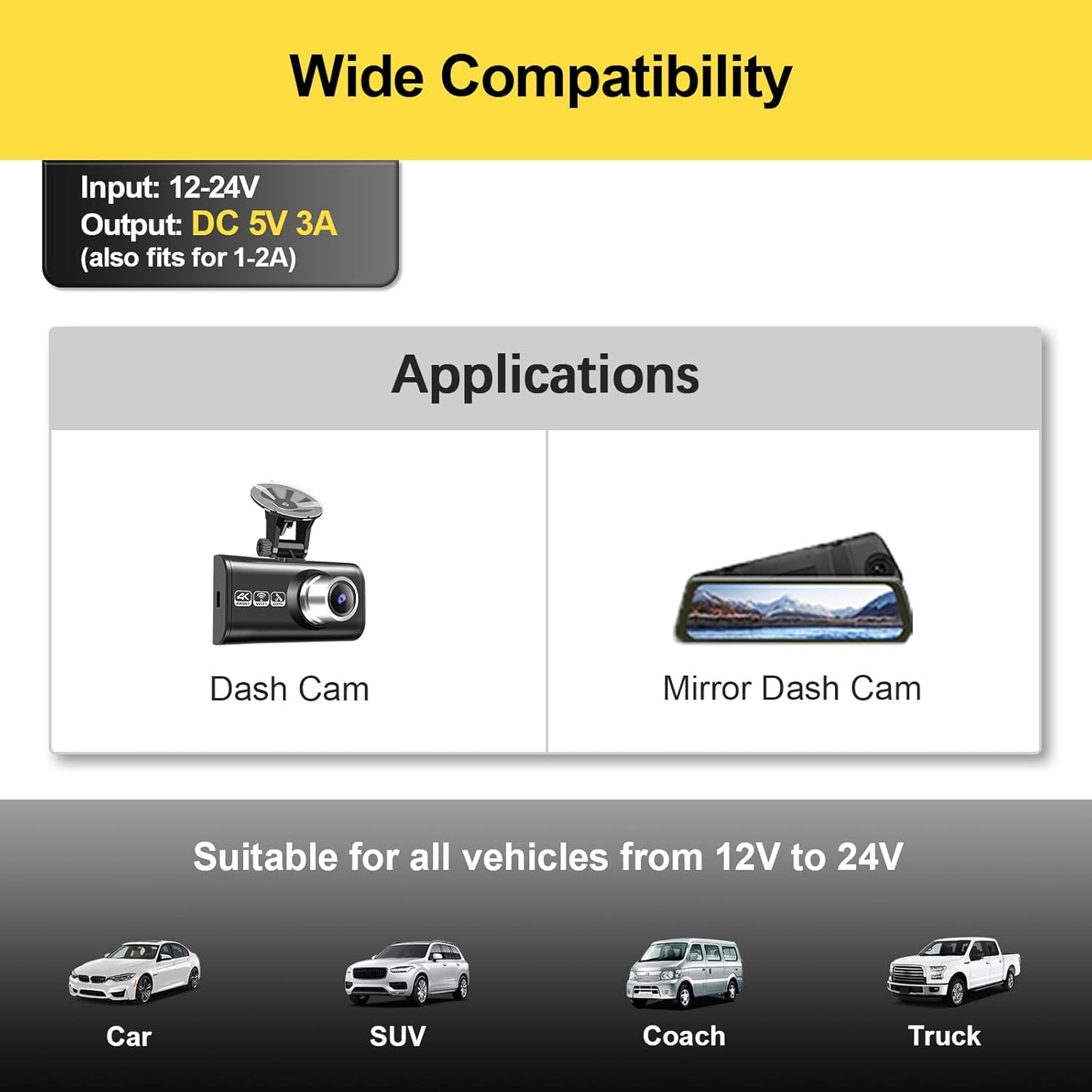 Range Tour 4m/13.12ft 12V/24V DC5V 3A Dash Camera Car Charger, Mini USB and Micro USB Interfaces, L-Type Driving