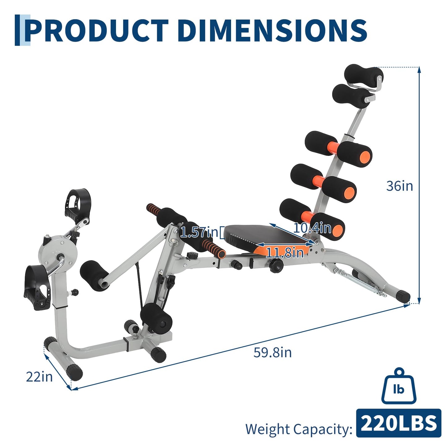 Multifunctional Ab Machine with Pedals, Adjustable Sit Up Bench, Core Workout Bench for Abdominal Training, Foldable Home Gym Fitness Equipment with Ergonomic Back Support, Full Body Exercise