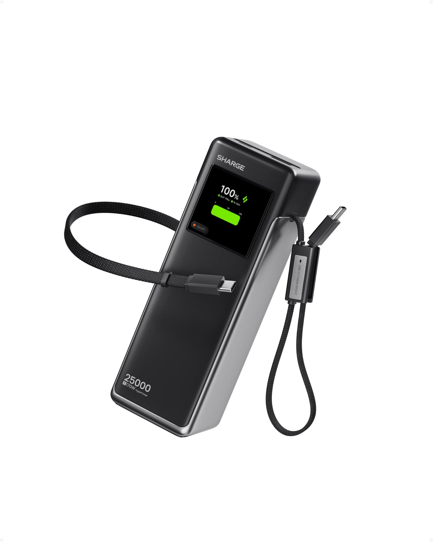 SHARGE Laptop Power Bank 25000mAh, HyperTower 170W Total Fast Charging Portable Charger, 100W USB-C Power Bank with Built-in Cables, High Capacity Travel Battery Pack for MacBook, iPhone17, Galaxy S26
