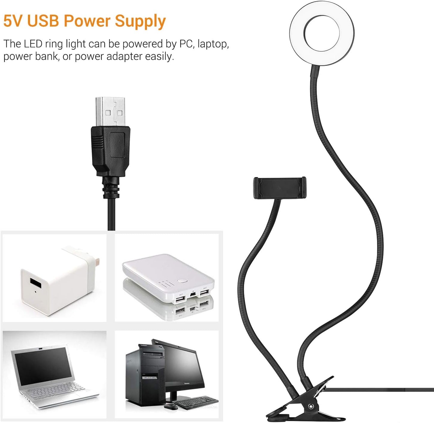 Andoer 3.5in 3 Webcam Light Stand Clip-On Mini USB Ring Light Lighting Modes Adjustable Flexible Arms Design with Phone