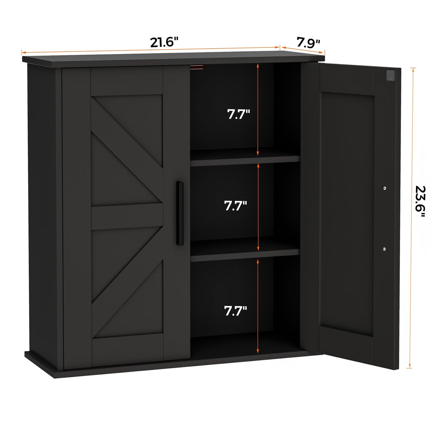 Homleke Bathroom Wall Cabinet, Over Toilet Storage Cabinet with Barn Doors and Adjustable Shelves, 3-Tier Medicine Cabinet Wall Mounted, for Bathroom, Kitchen, Entryway, Laundry Room, Black, (7.9" D)