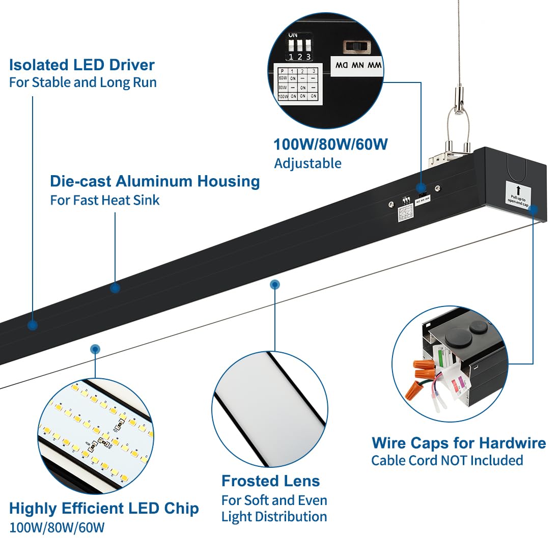 DAKASON 8FT LED Linear Light, 8Foot LED Shop Lights 100/80/60W 3/4/5000K CCT Selectable, 8Feet Commercial Bay Lighting Fixture for Office, Workshop, Gym, Market, Flush Mount Suspended ETL 4 Pack