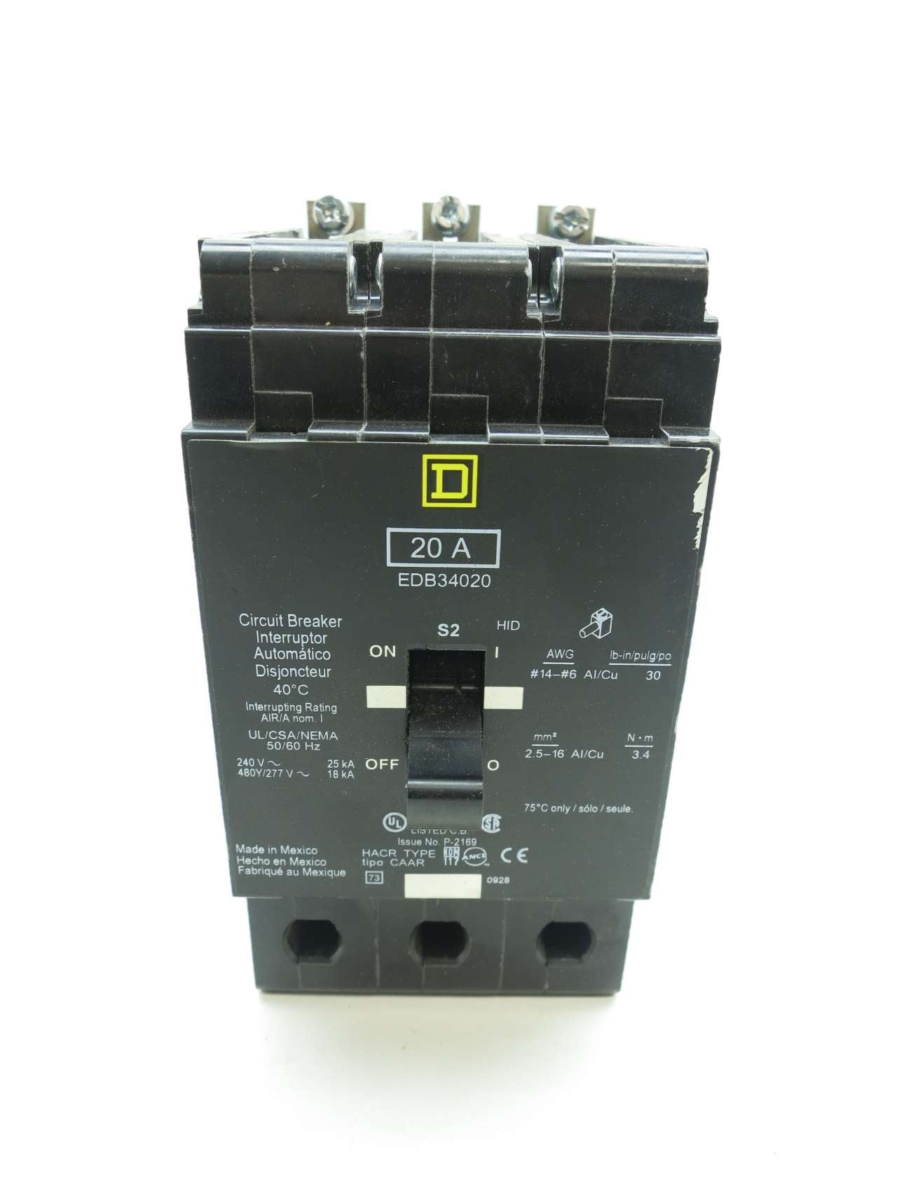 SQUARE D EDB34020 3P 20A AMP 480/277V-AC MOLDED CASE CIRCUIT BREAKER D513646
