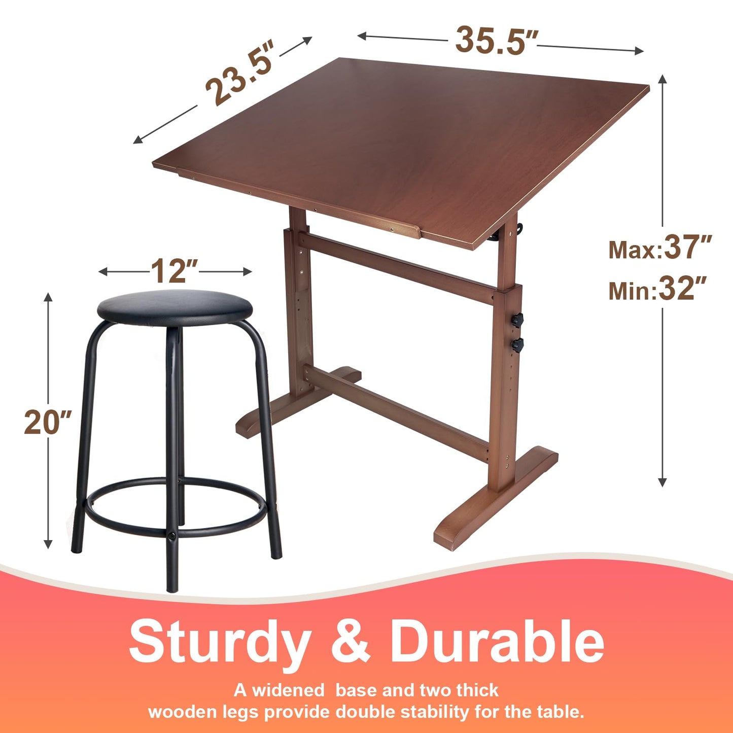 Falling in Art Wooden Drafting Table and Stool Set, Walnut 30" x 42" Adjustable Height and Angle Solid Wood Drawing Desk for Adults, Artist Craft Table for Painting Artwork, Reading, and Writing